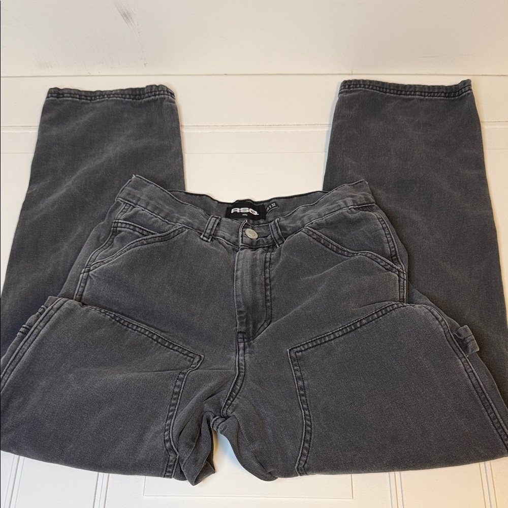 RSQ Utility Jeans Gray Carpenter Style Size 28x32 Streetwear Double Knee Unisex - Picture 2 of 13